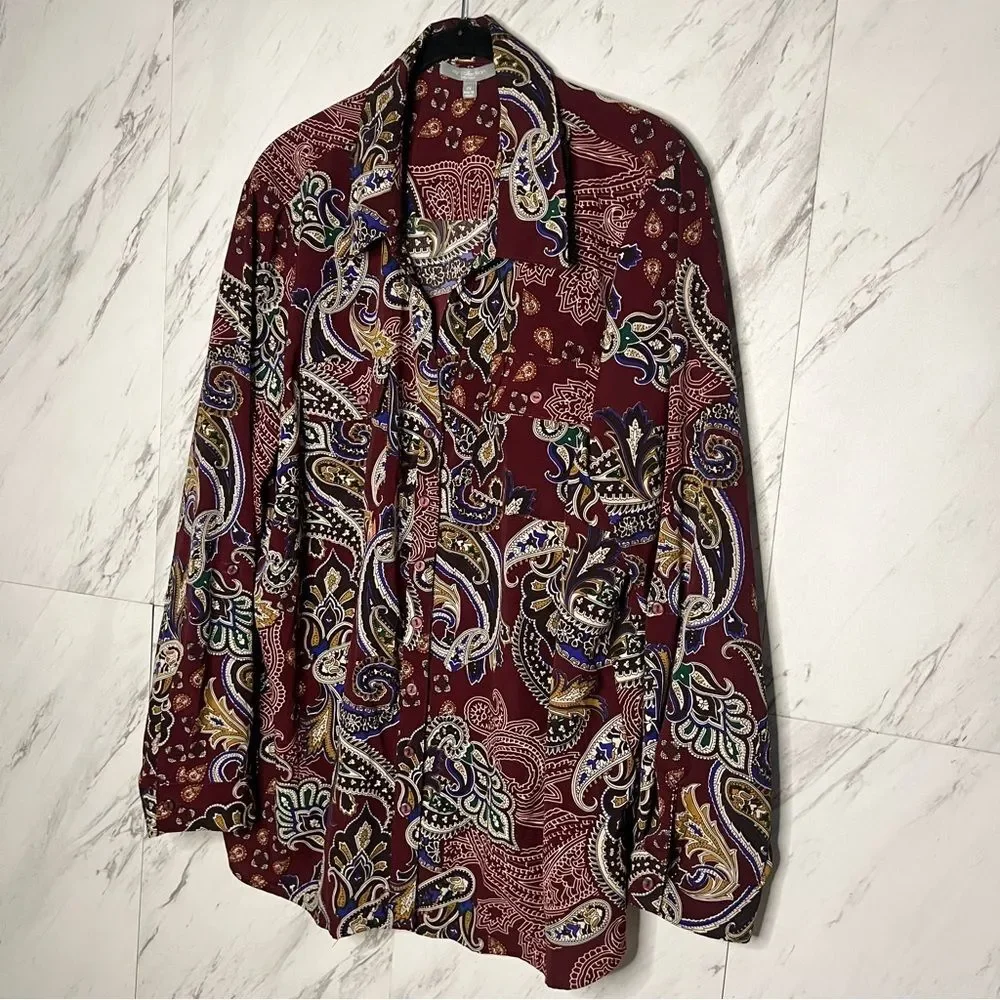 3/$50 NY Collection Burgundy Paisley Button Down Blouse Long Sleeve Plus Size 2X